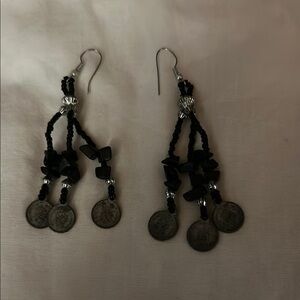 Elegant Black Beaded with coins  Dangle Earrings